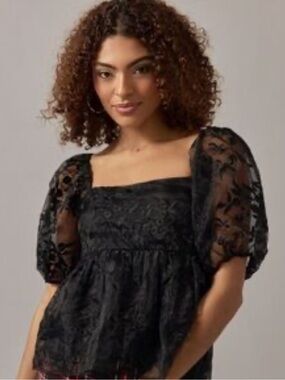 NWT Francesca's Maggie Floral Babydoll Organza Puff Sleeve Blouse Black XL